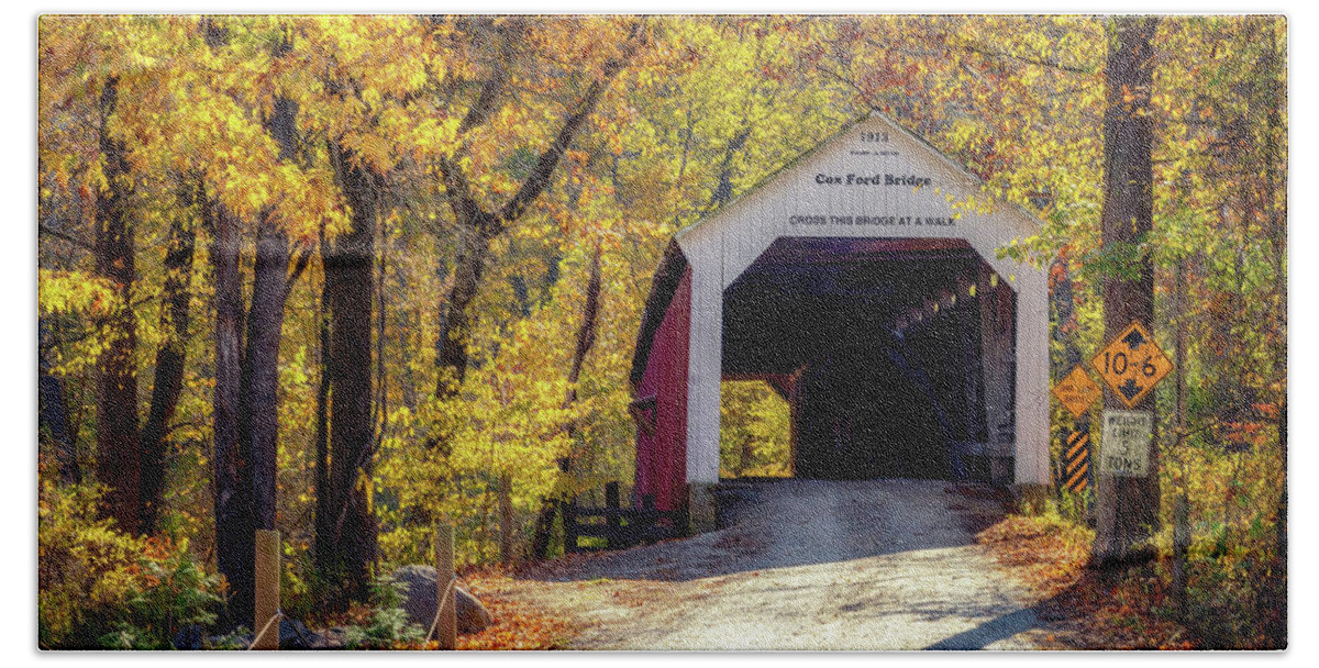 Parke County Bath Towel featuring the photograph Autumn at Cox Ford Covered Bridge by Susan Rissi Tregoning