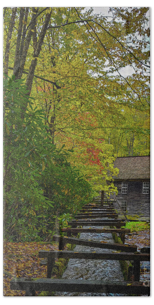 Antique Grist Mill Hand Towel featuring the photograph Autumn at Mingus Mill by Ron Long Ltd Photography