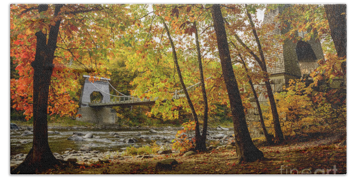 Lakes Bath Towel featuring the photograph Autumn at the Wire Bridge by Alana Ranney