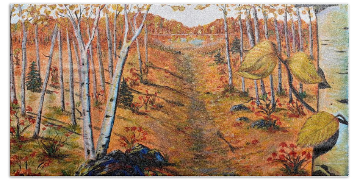 Autumn Bath Towel featuring the painting Autumn Birches by Monika Shepherdson