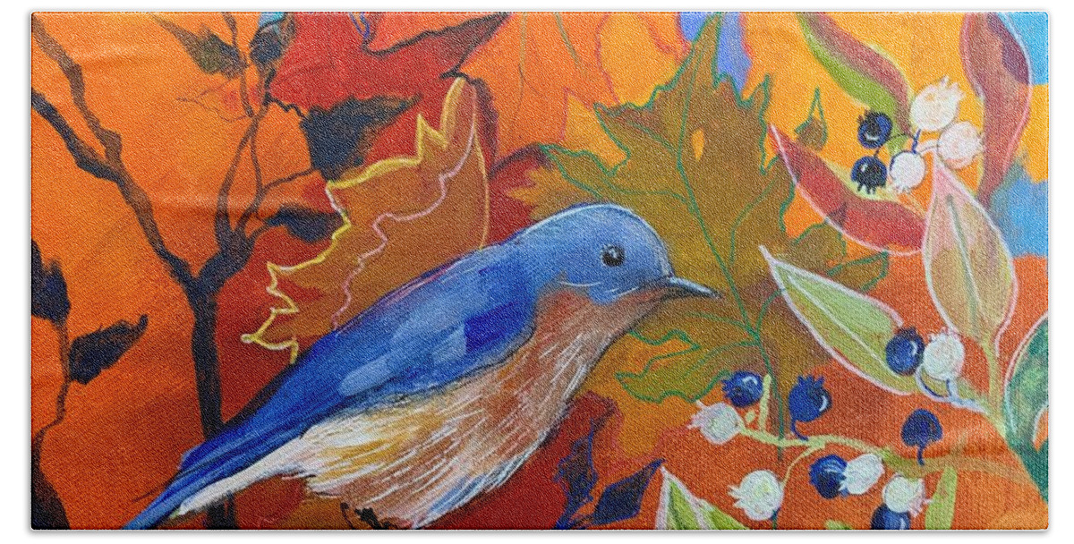 Autumn Hand Towel featuring the painting Autumn Bluebird by Robin Pedrero