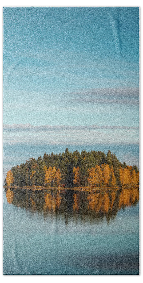 Admire Bath Towel featuring the photograph Autumn coloured island in the middle of the lake by Vaclav Sonnek