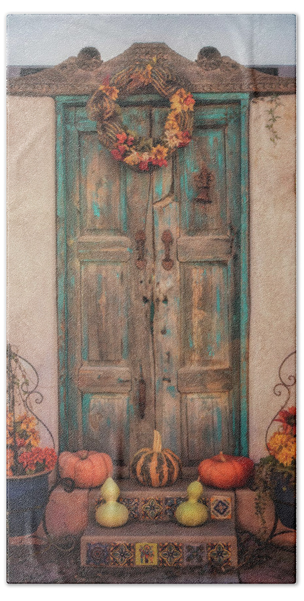 Southwest Doors Bath Towel featuring the photograph Autumn Doors in Old Mesilla by Susan Rissi Tregoning