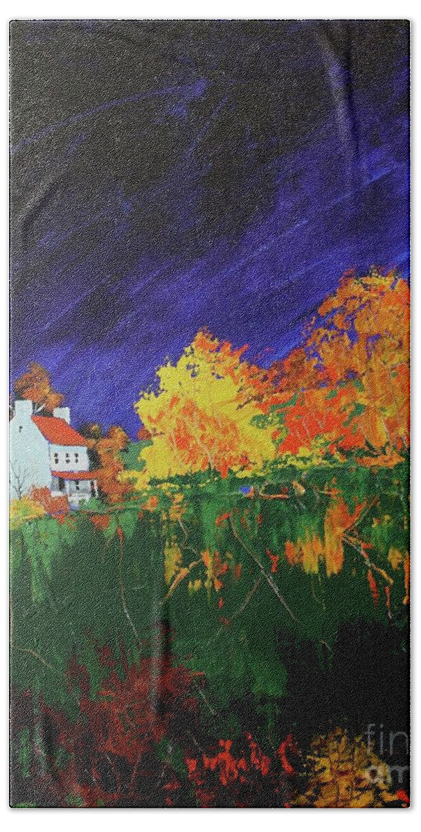Landscape Bath Towel featuring the painting Autumn FArmhouse by William Renzulli
