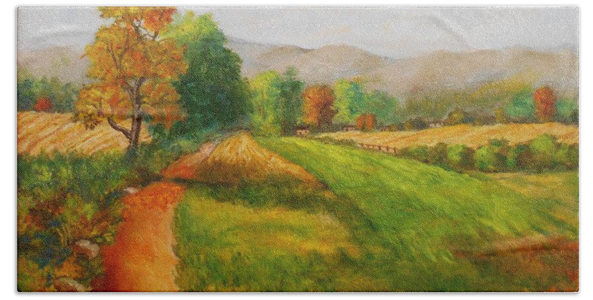 Landscapes Bath Towel featuring the painting Autumn In Arcadia by Konstantinos Charalampopoulos