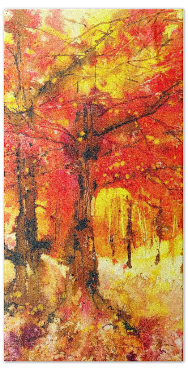 Autumn Hand Towel featuring the painting Autumn in red and yellow. by Nataliya Vetter