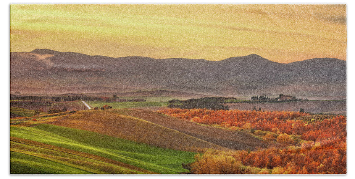 Autumn Bath Towel featuring the photograph Autumn in Tuscany, rolling hills and woods. Santa Luce by Stefano Orazzini