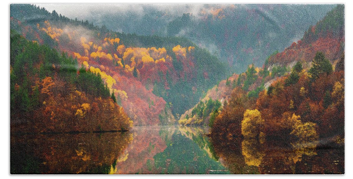 Forest Hand Towel featuring the photograph Autumn Lake by Evgeni Dinev