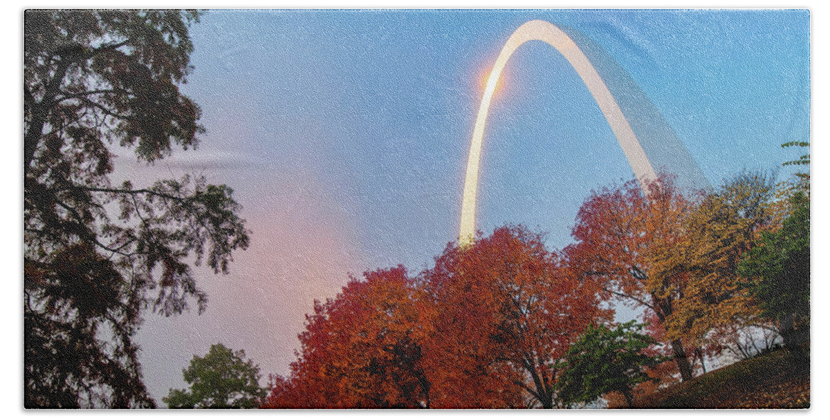 America Hand Towel featuring the photograph Autumn Landscape Surrounding the Saint Louis Gateway Arch - Panoramic Format by Gregory Ballos