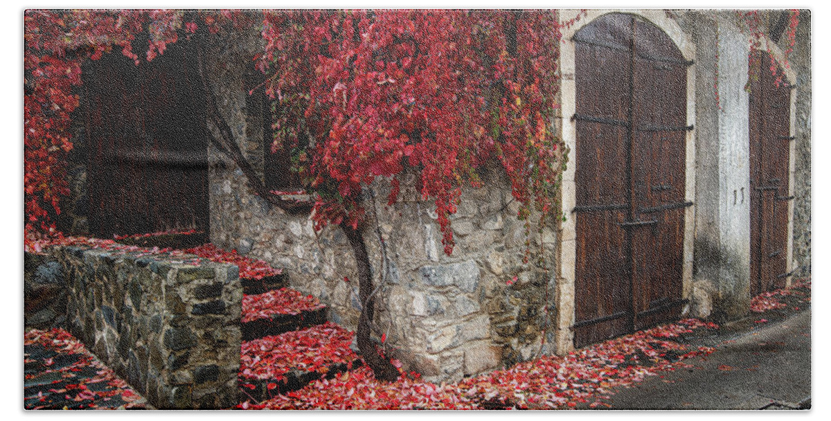 Autumn Bath Towel featuring the photograph Autumn landscape with red plants on a hous wall by Michalakis Ppalis