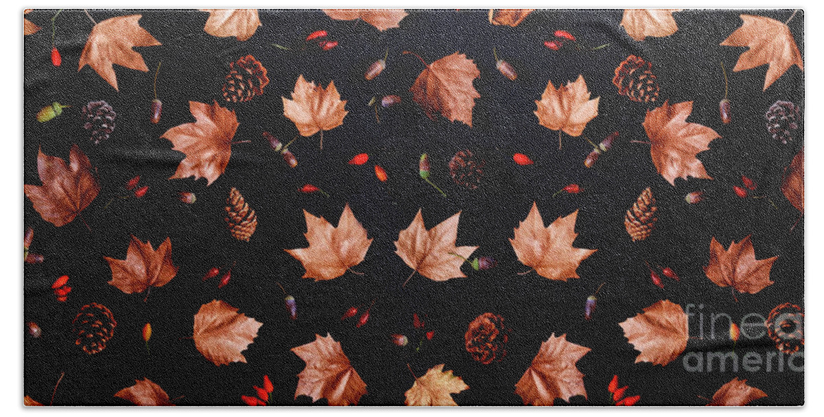 Thanksgiving Bath Towel featuring the photograph Autumn leaves with acorn and cones composition pattern on dark b by Jelena Jovanovic