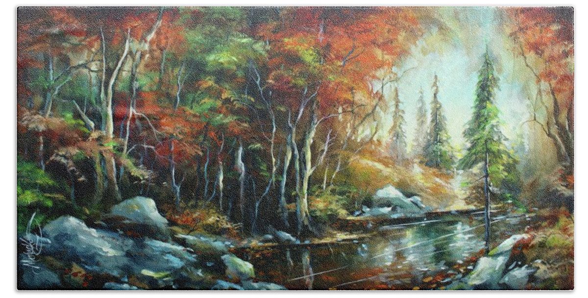 Landscape Bath Towel featuring the painting Autumn Light by Michael Lang