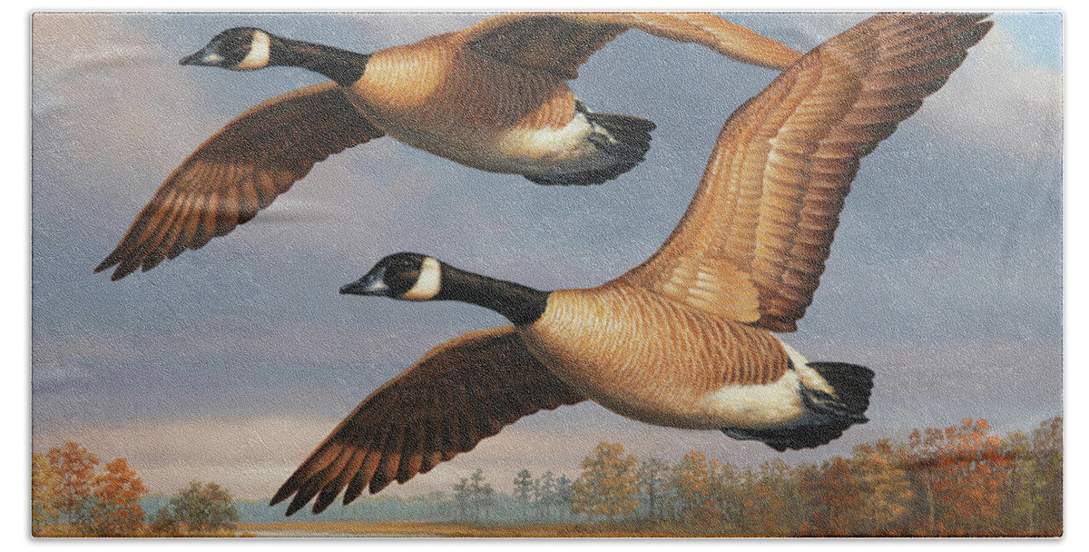 Canada Geese Bath Towel featuring the painting Autumn Mates by Guy Crittenden