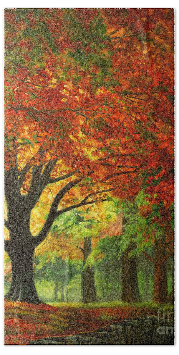 Landscape Bath Towel featuring the painting Autumn Morning by Ken Kvamme