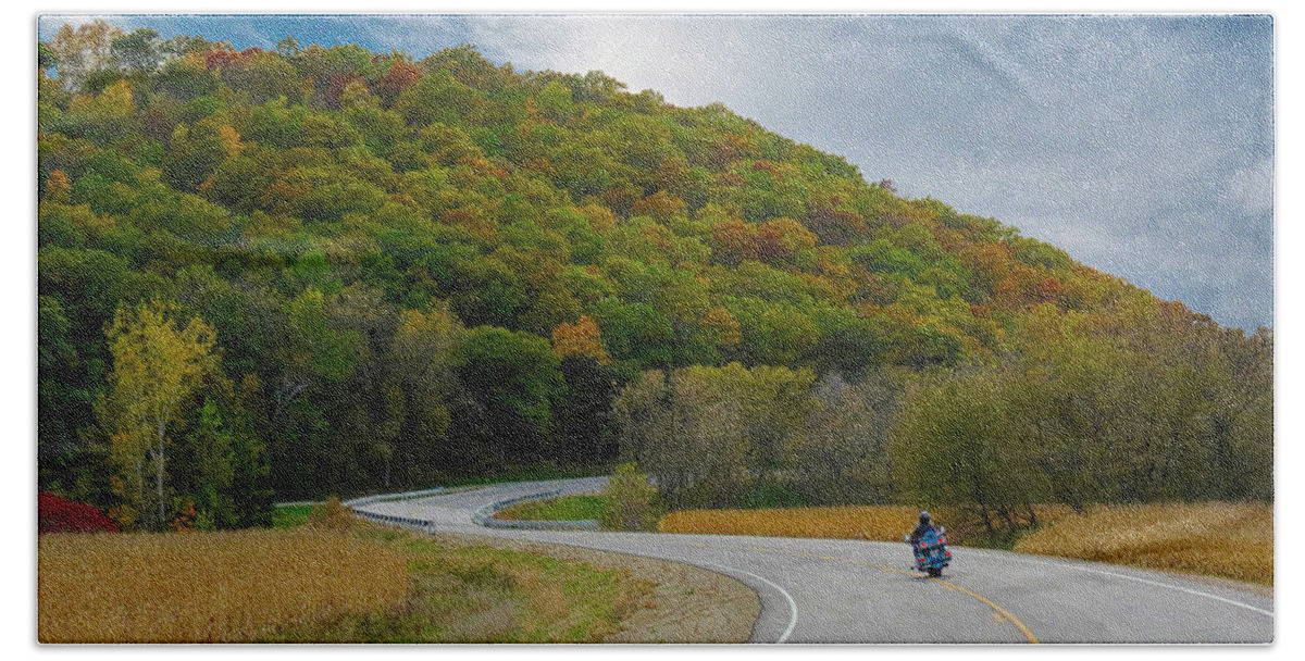 Autumn Bath Towel featuring the photograph Autumn Motorcycle Rider / Blue by Patti Deters