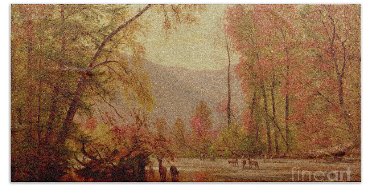 Autumn Hand Towel featuring the painting Autumn on the Delaware, 1875 by Thomas Worthington Whittredge by Thomas Worthington Whittredge