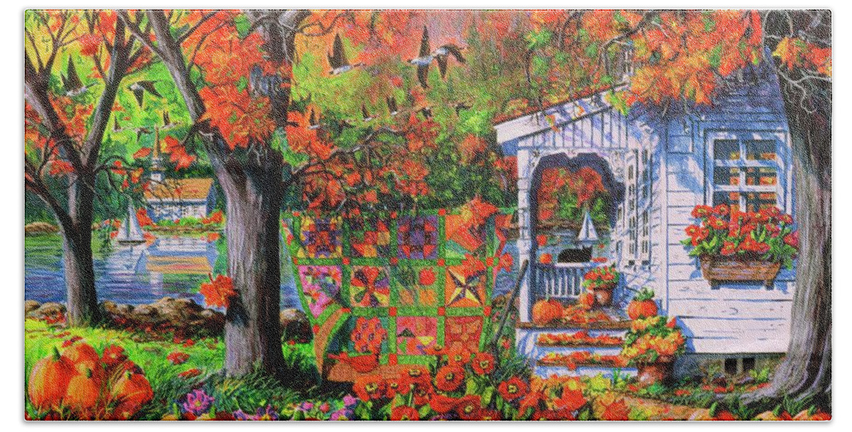 Autumn Landscape With Autumn Patchwork Quilt Bath Towel featuring the painting Autumn Patchwork Quilt by Diane Phalen