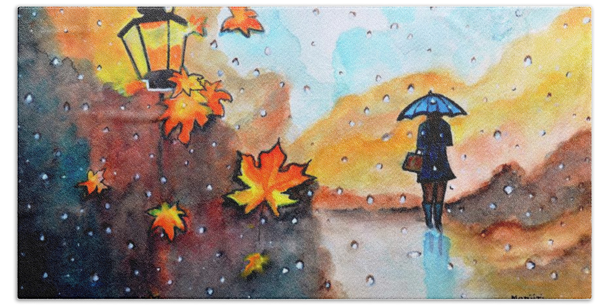 Autumn Hand Towel featuring the painting Autumn Rain watercolor painting by Manjiri Kanvinde