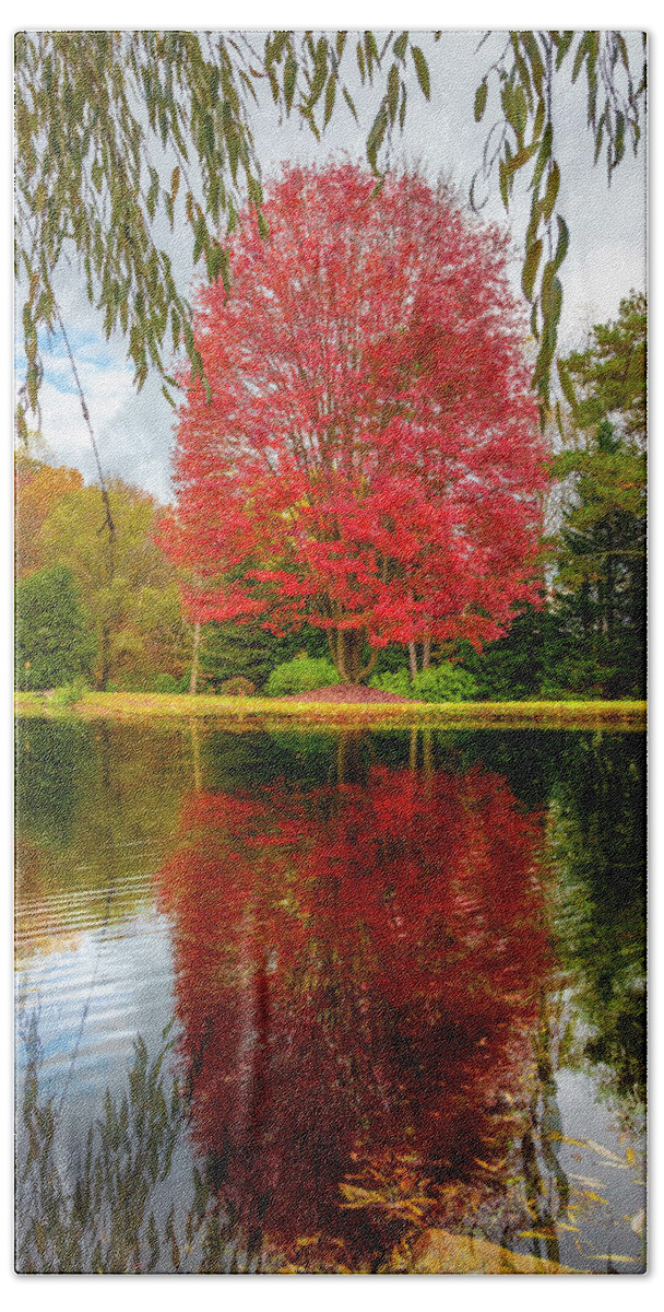 Blairsville Bath Towel featuring the photograph Autumn Red Maple Reflections at the Lake by Debra and Dave Vanderlaan