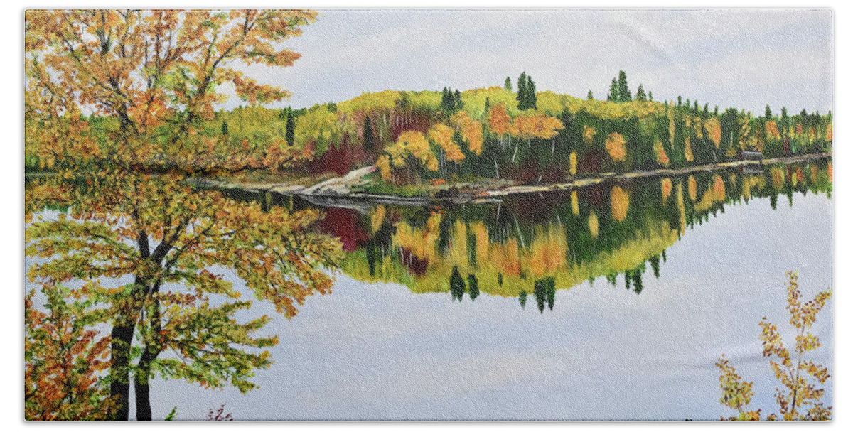 Manigotagan River Bath Towel featuring the painting Autumn River View by Marilyn McNish