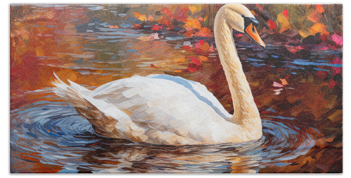 Autumn Swan Bath Towel featuring the photograph Autumn Swan by Lourry Legarde