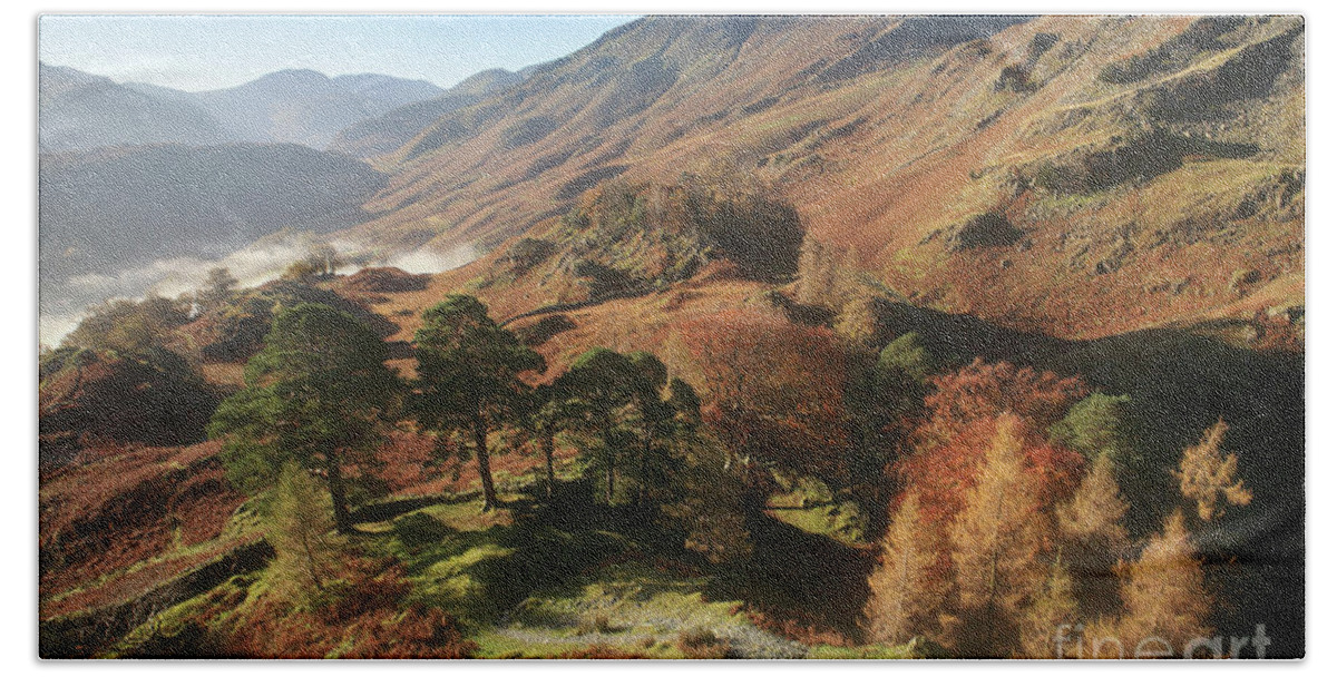 Borrowdale Hand Towel featuring the photograph Autumn view of Borrowdale from Castle Crag by Bryan Attewell