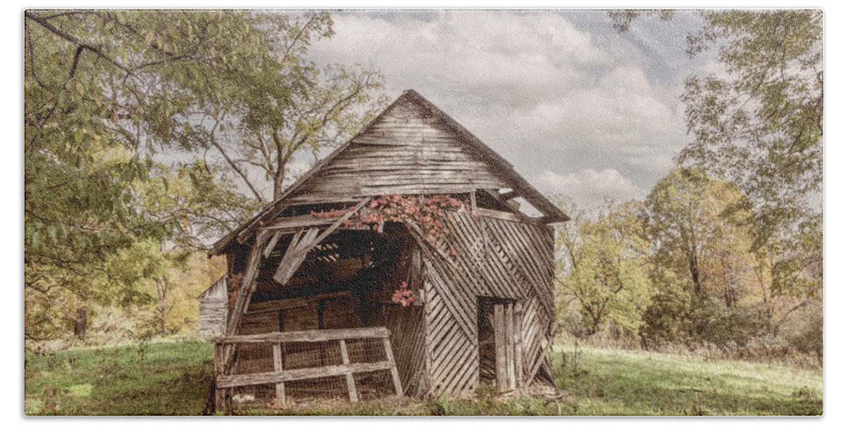 Andrews Bath Towel featuring the photograph Autumn Vines on the Barn in Farmhouse Tones by Debra and Dave Vanderlaan