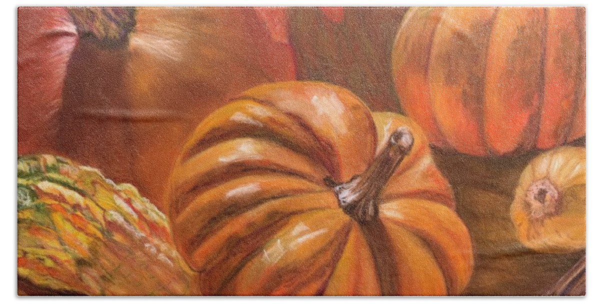 Autumn Hand Towel featuring the pastel Autumn's Bounty by Juliette Becker