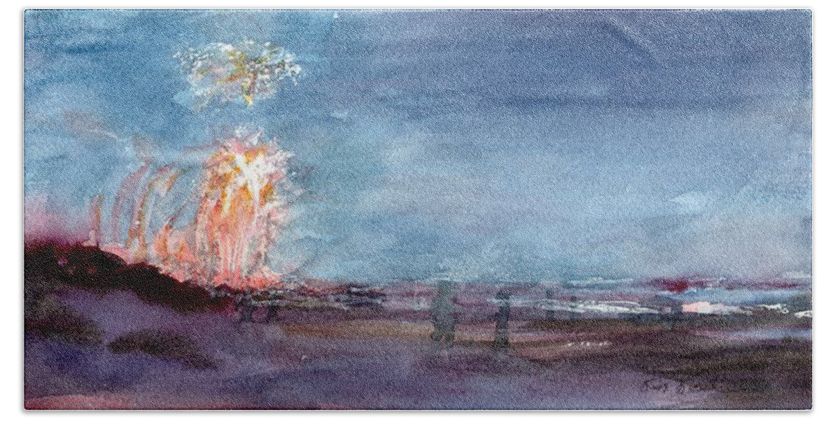 Watercolor Bath Towel featuring the painting Avalon Fireworks, New Years Eve by David Dorrell