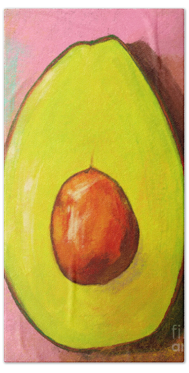 Green Avocado Bath Towel featuring the painting Avocado Half with Seed Kitchen Decor in Pink by Patricia Awapara