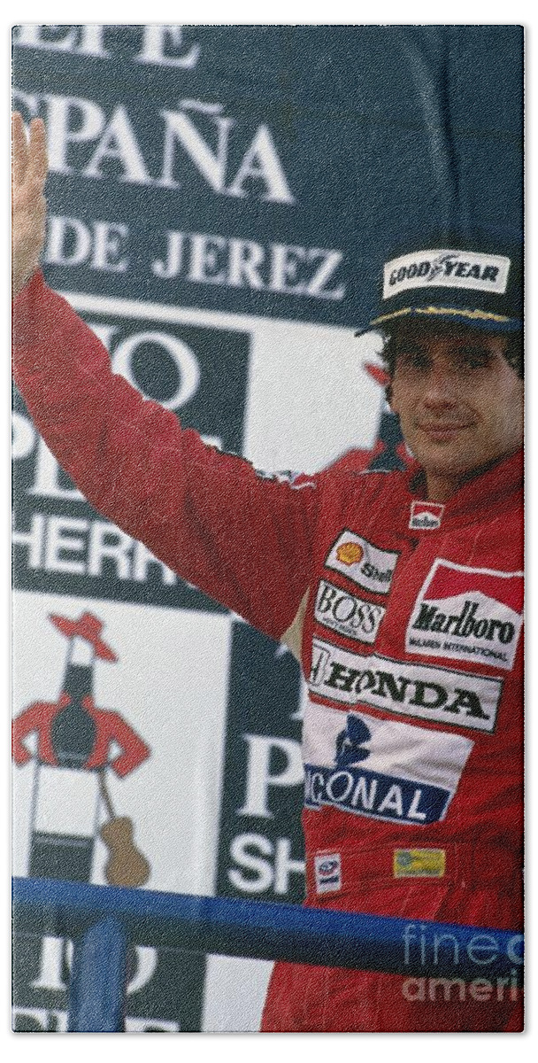 Ayrton Senna Bath Towel featuring the photograph Ayrton Senna. 1989 Spanish Grand Prix Winner by Oleg Konin