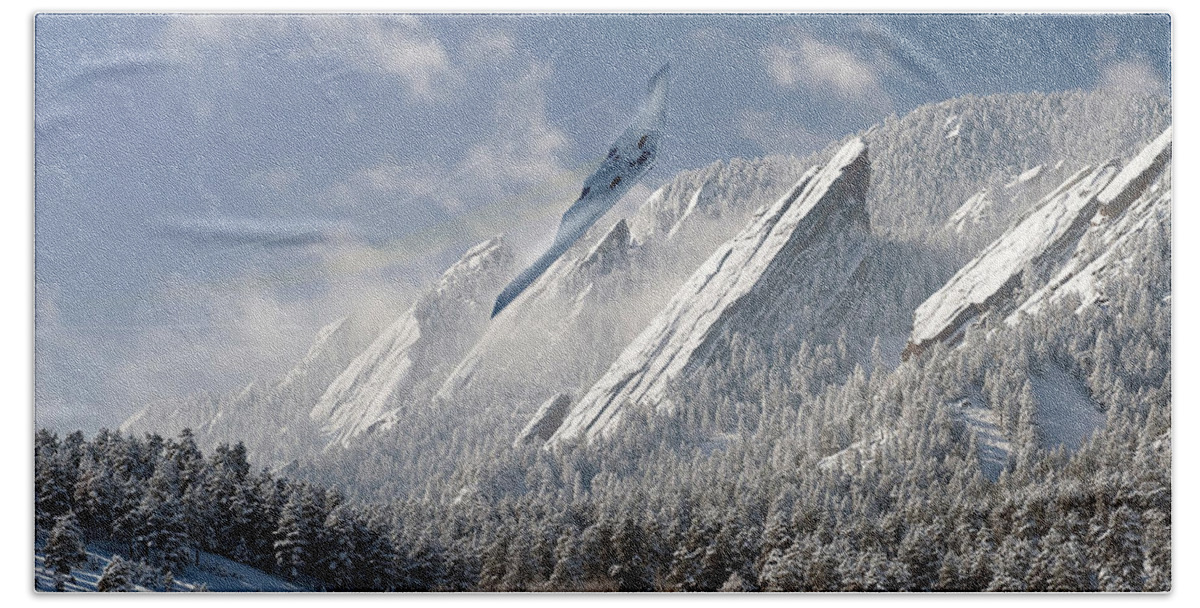 Northrop Bath Towel featuring the digital art B-2 Spirit Slicing Through the Mountains by Custom Aviation Art