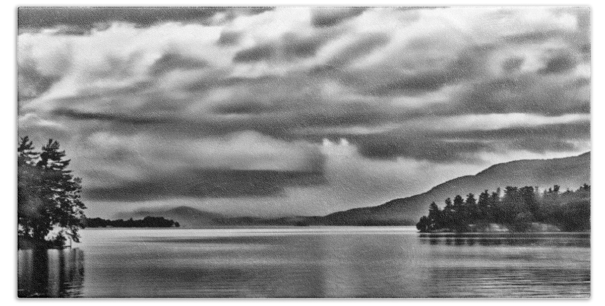 Storm Bath Towel featuring the photograph B and W Storm Clouds Over Lake George by Russel Considine