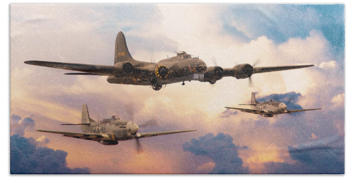 B17 Flying Fortress Bath Towel featuring the digital art B17 Bomber and Little Friends by Airpower Art