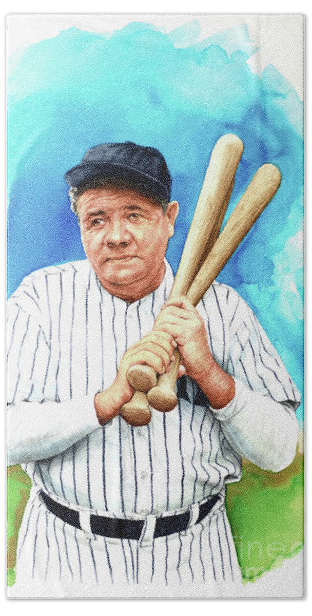 Paul And Chris Calle Bath Towel featuring the painting The 1920s - Babe Ruth by Paul and Chris Calle