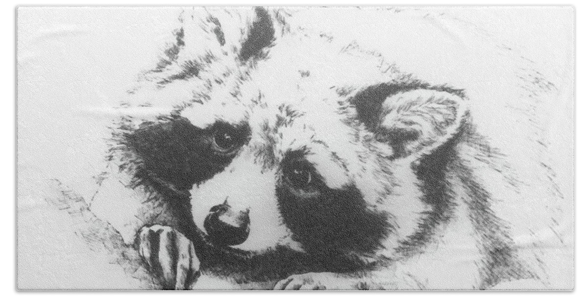 Raccoon Bath Towel featuring the drawing Baby Bandit by Barbara Keith