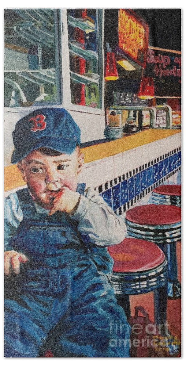 Boston Bath Towel featuring the painting Baby Boston Baseball Booster by Merana Cadorette