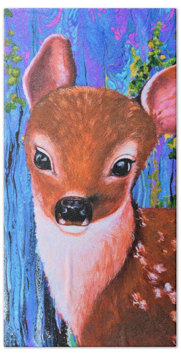 Wall Art Home Décor Baby Deer Bambi Abstract Painting Acrylic Painting Wall Decoration Forest Animals Baby Cute Baby Art For Wall Art For Sale Decoration For A Children's Bedroom Gift Idea Art For Sale Abstract Art Bath Towel featuring the painting Baby Deer by Tanya Harr