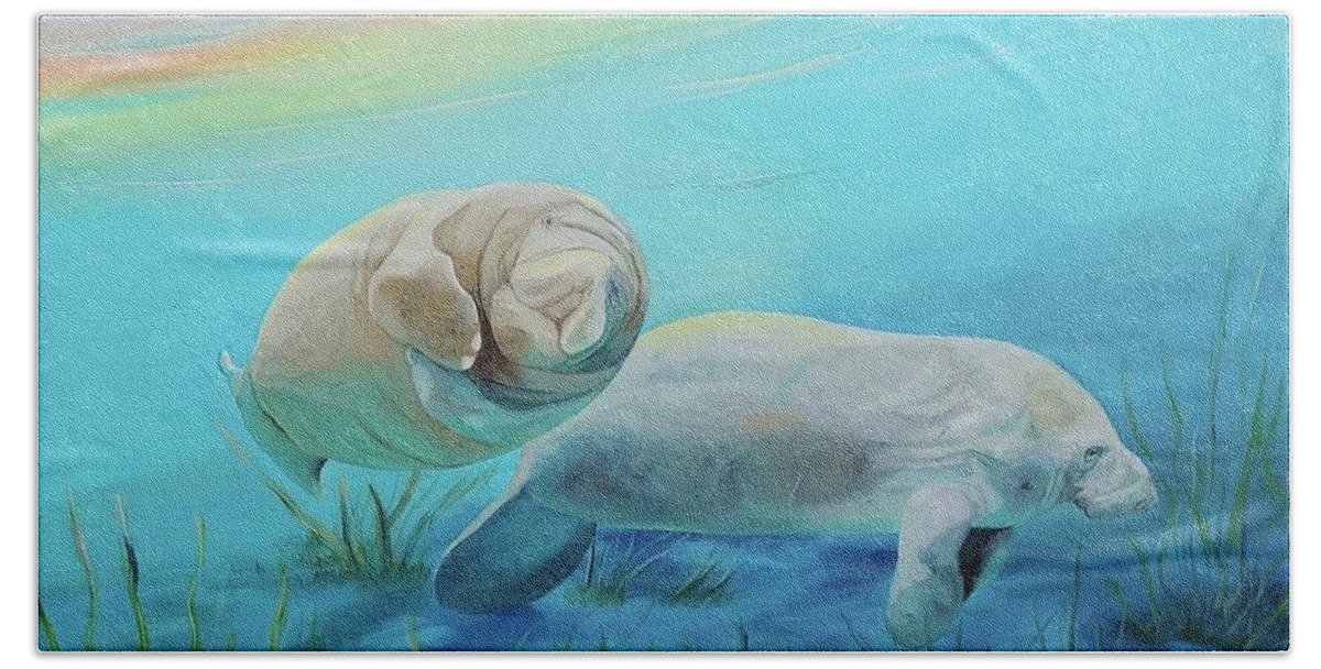 Baby Manatee Bath Towel featuring the painting Baby in Tow by Connie Rish
