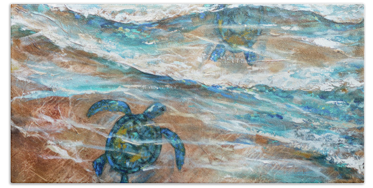 Ocean Bath Towel featuring the painting Baby Turtles Swim by Linda Olsen
