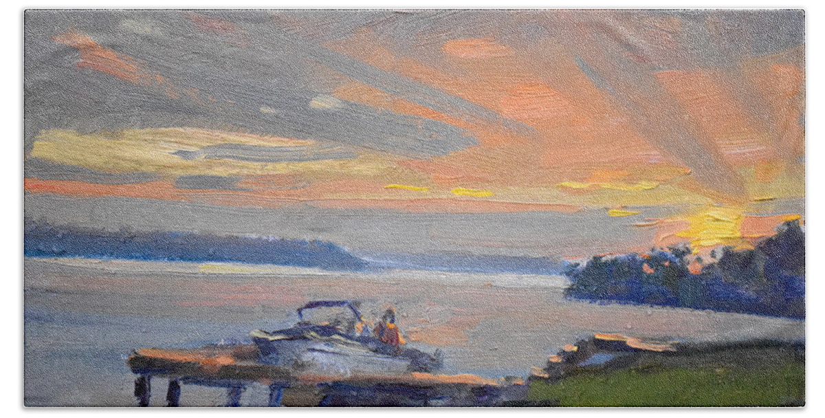 Sunset Bath Towel featuring the painting Back Home by Ylli Haruni