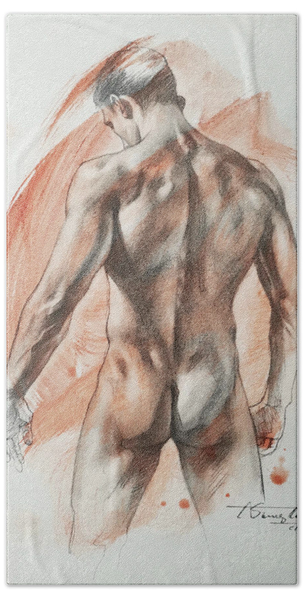 Male Nude Hand Towel featuring the drawing Back of male nude #20121 by Hongtao Huang