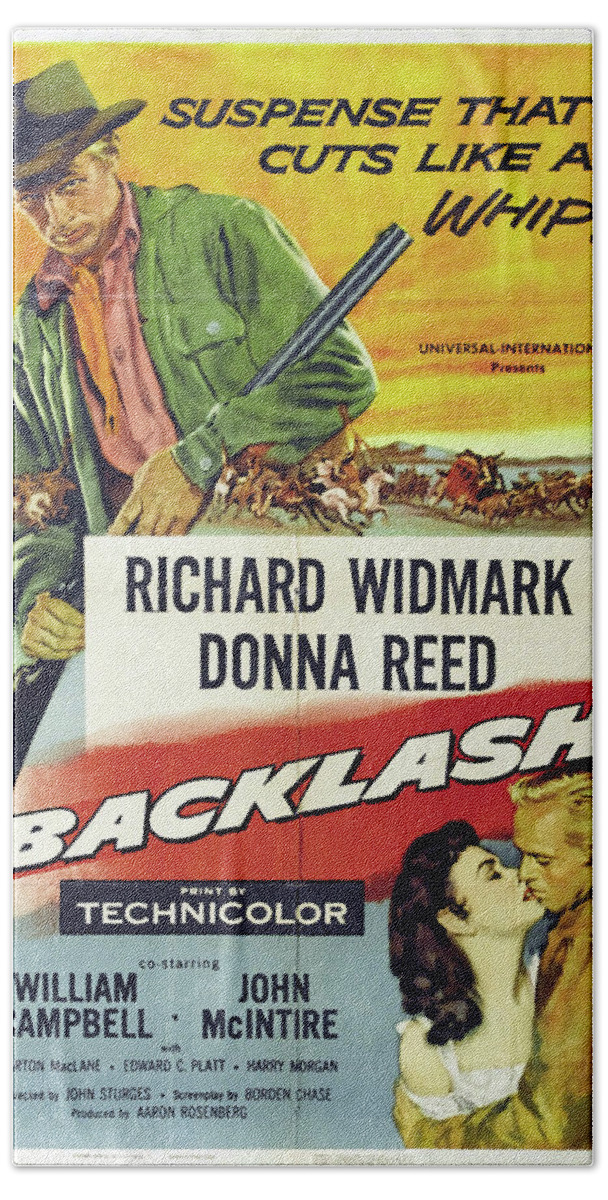 Backlash Hand Towel featuring the mixed media ''Backlash'', with Richard Widmark and Donna Reed, 1956 by Stars on Art