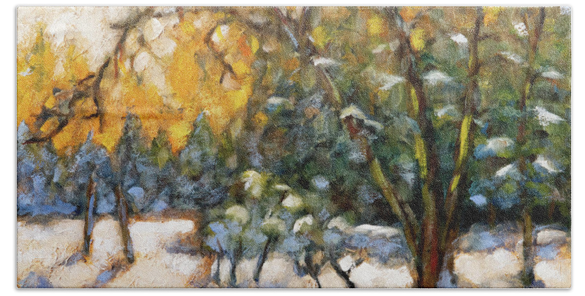 Landscape Bath Towel featuring the painting Backyard in Winter by Mike Bergen