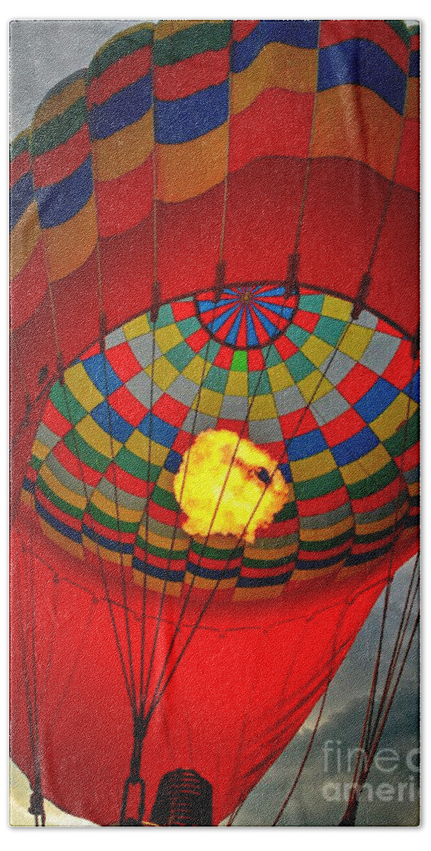Hot Air Balloon Bath Towel featuring the photograph Ball of Fire by Steve Brown
