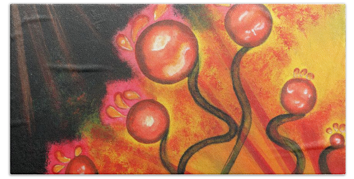 Red Bath Towel featuring the painting Balls and Bulbs by Esoteric Gardens KN