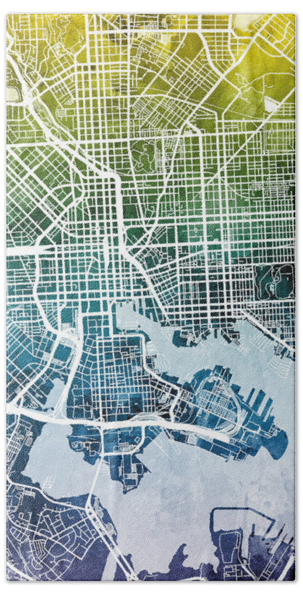 Baltimore Bath Sheet featuring the digital art Baltimore Maryland City Street Map by Michael Tompsett