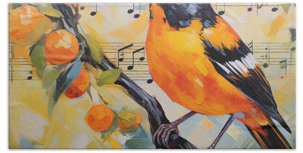 Baltimore Oriole Hand Towel featuring the painting Baltimore's Song by Lourry Legarde