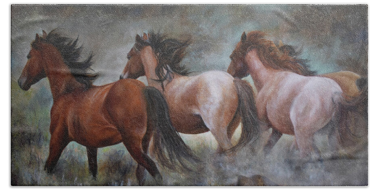Realistic Horse Art Bath Towel featuring the painting Band On The Run by Karen Kennedy Chatham