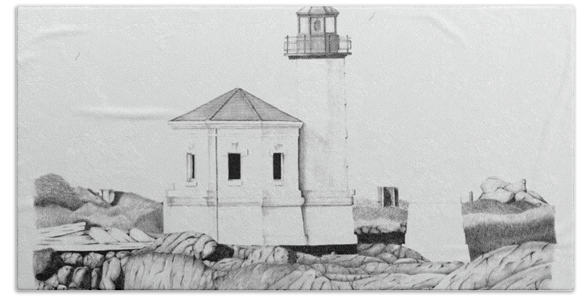 Lighthouse Hand Towel featuring the drawing Bandon Coquille River Lighthouse by Patricia Hiltz
